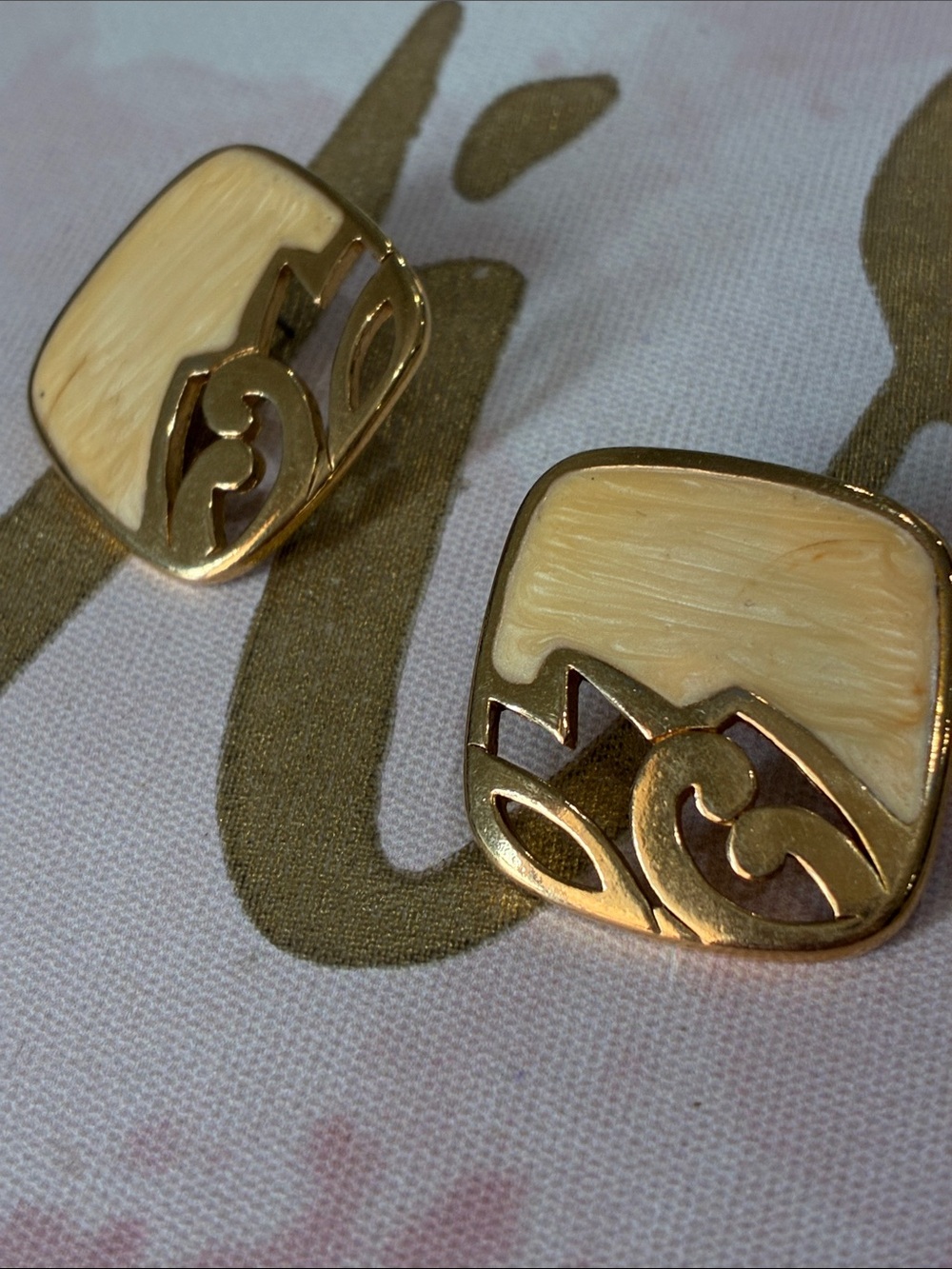 Gold-Tone Beige Resin Square Pierced Earrings - Women Jewelry